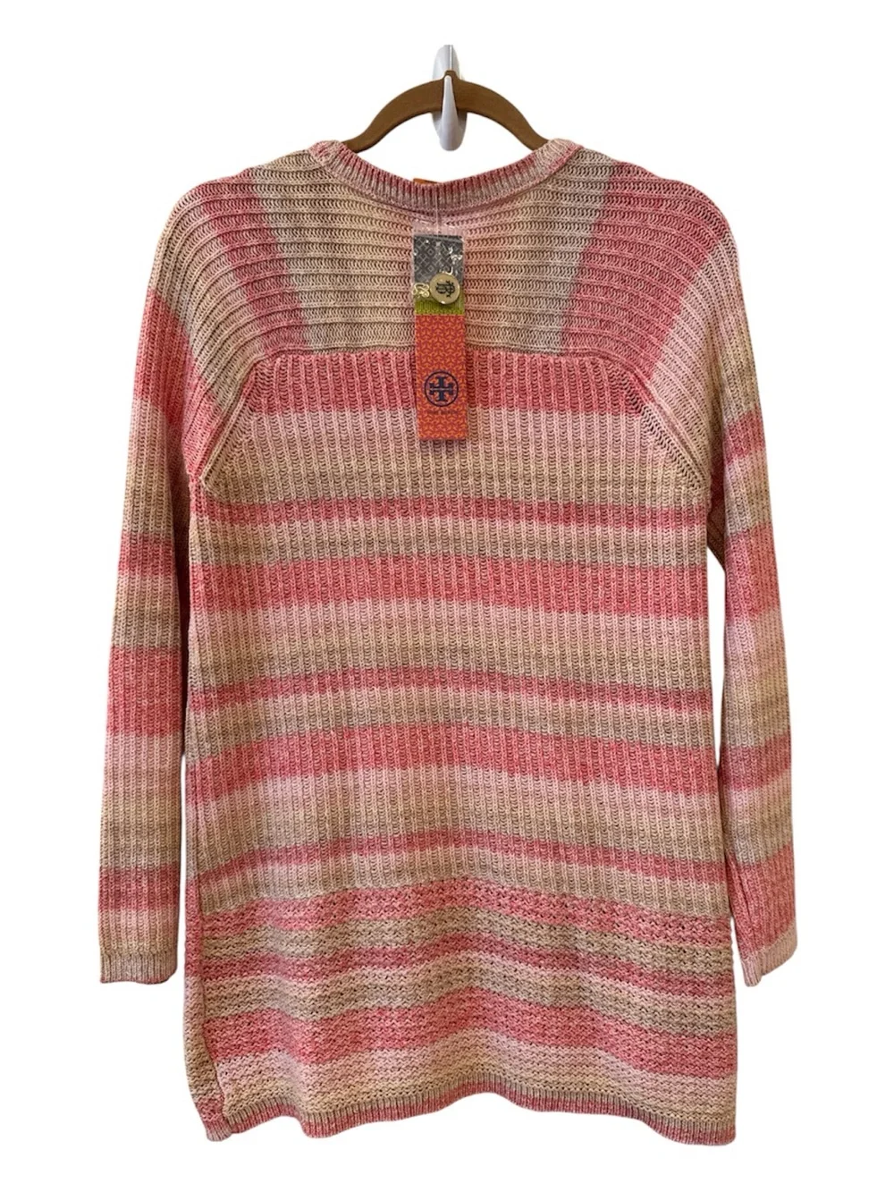 ⭐️NWT⭐️Tory Burch Erin Cardigan Coral Pink Multi-Striped Open Front Cardigan